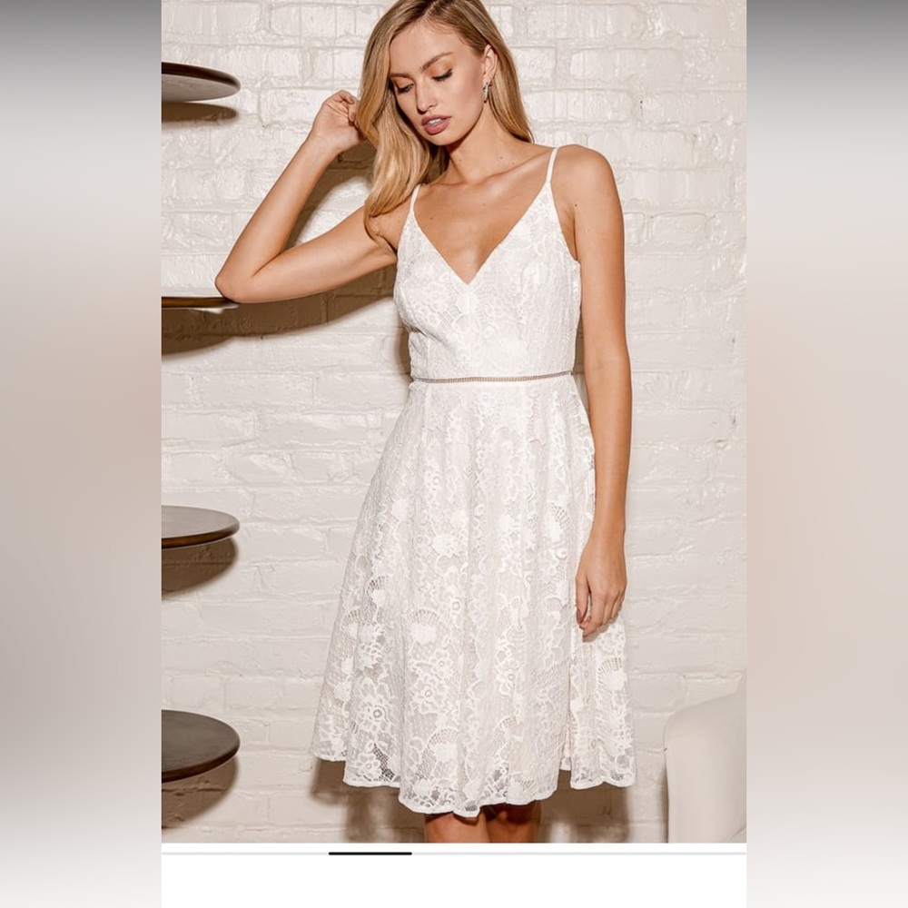 Lulus- Evening Waltz White Lace Midi Dress